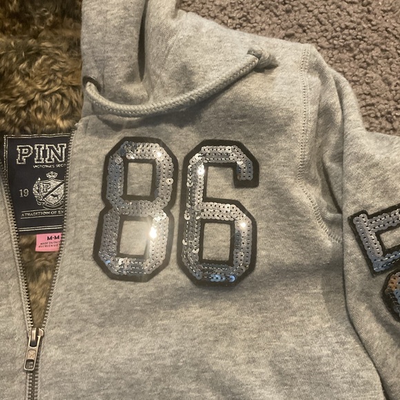 VS Victoria’s Secret PINK VTG Faux Fur Bling Sequin Hoodie Jacket Sweatshirt Y2K - Picture 7 of 12